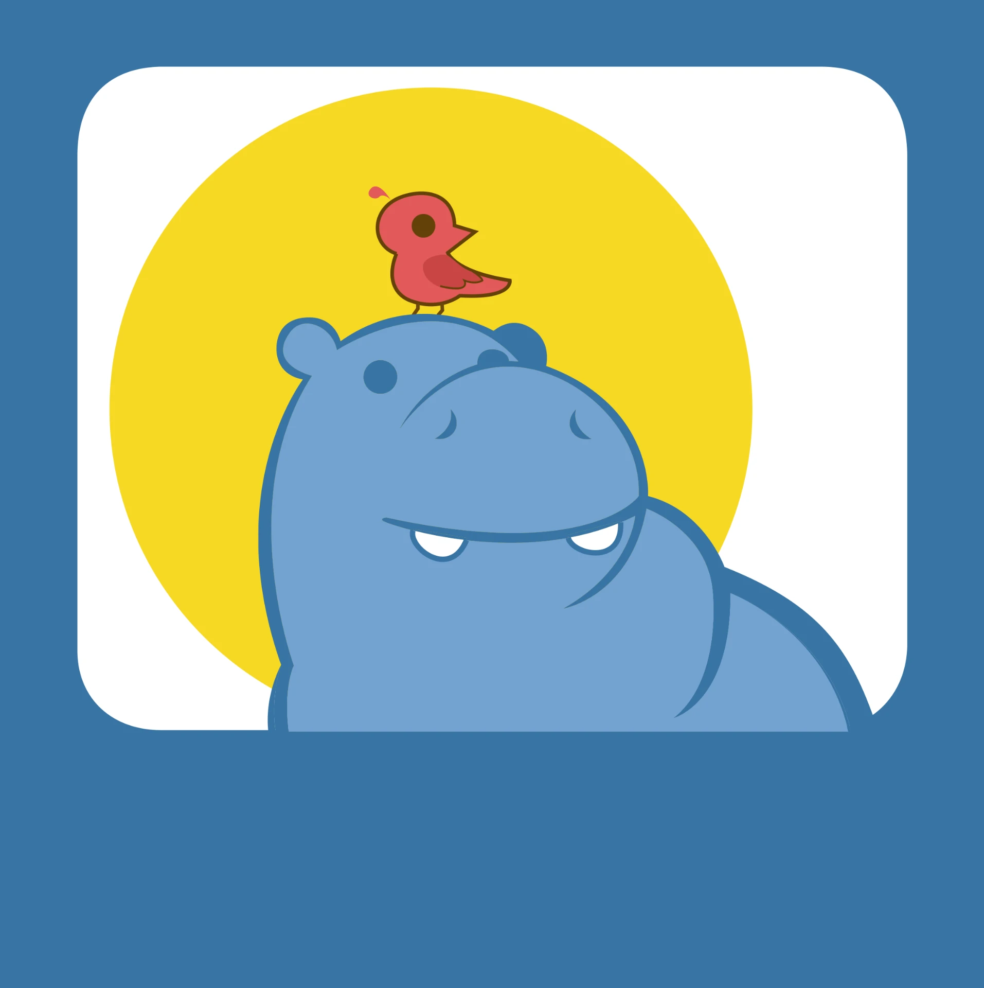 HippoBird logo: a blue hippo with a red bird on its head in front of a yellow sun